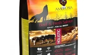 Hrana uscata pentru caini Ambrosia Adult, Vita si somon, hipoalergenic, fara cereale, 2kg