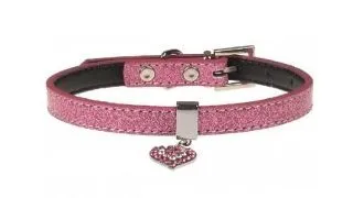 Zgarda pentru caini Pet Expert Glossy Heart, marime S, 1.5 x 27.5 - 35 cm, piele, roz