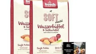 BOSCH Soft Maxi Hrana uscata pentru caini talie mare, bivol si cartofi dulcei 2 x 12,5 kg + recompense sticks 7 buc