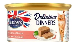 Hrana umeda pentru pisici Butcher s Delicious Dinner, Mousse cu somon si creveti, 85g
