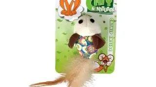 Jucarie pentru pisici Tatrapet Caty Natural, soarece textil cu pene si catnip, 5 cm