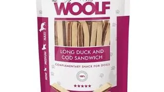 WOOLF Long Duck And Cod Sandwich 100g rata si cod, snack caini