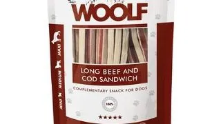 WOOLF Long Beef And Cod Sandwich 100g vita si cod, gustare caini