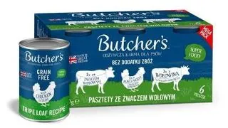 BUTCHER'S Original Tripe pate pentru caini 6x400 g cu rumen, pui si vita, arome mixte cu rumen de vita