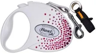 FLEXI Glam Splash Pink M Lesa cu banda 5m alb pentru caini decor cristale Swarovski