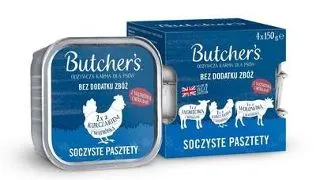 BUTCHER'S Original Pateu suculent Arome mixte cu ficat sau rinichi 4x150 g pateu cu carne de vita, cu miel si pui pentru caini