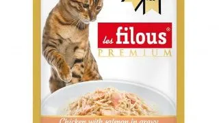 Hrana umeda pentru pisici Les Filous, Pui si somon in sos, 80g