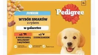 PEDIGREE Junior Choice of Flavours 4x100 g hrana umeda catei, cu vita si ficat si orez, cu pui si orez, in aspic