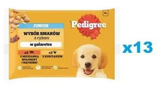 PEDIGREE Junior Set plicuri hrana catei, cu vita si ficat si orez, cu pui si orez, in aspic 52x100g