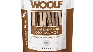 WOOLF Long Rabbit And Cod Sandwich 100g treats caini, iepure si cod
