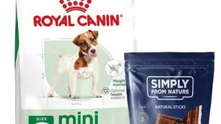ROYAL CANIN Mini Adult 8kg hrana uscata pentru caini adulti, rase mici + SIMPLY FROM NATURE Sticks vita pentru caini, 3 buc