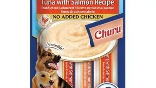 INABA Dog Churu Fish Based Tuna with Salmon Recipe 4x14g snack cremos cu ton si somon pentru caini