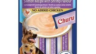 INABA Dog Churu Fish Based Salmon with Shrimp Recipe 4x14g snack cremos cu somon si creveti pentru caini