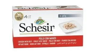 Hrana umeda caini mici Schesir pui cu vita in jeleu 4x85 g