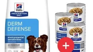 HILL'S Prescription Diet Canine Derm Defense 12 kg pentru caini cu alergii + 3 conserve GRATIS