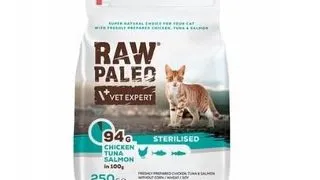 VETEXPERT Raw Paleo Sterilised Chicken&amp;Tuna&amp;Salmon Hrana uscata pisici sterilizate, cu pui, ton si somon 250 g