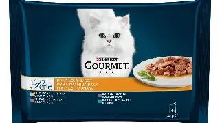 Hrana umeda pentru pisici Gourmet Perle, Curcan, Rata, Miel, Ton, in sos, 4x85g 4x85g