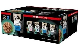 SHEBA Delicacy Fish Flavours in Jelly Plicuri hrana pisica, in aspic 80 x 85g somon, peste alb, ton si cod