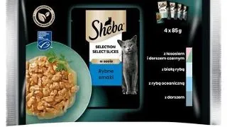 SHEBA Selection in Sauce, Hrana umeda completa pentru pisica, arome mixte de peste 4x 85 g