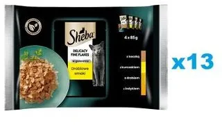 SHEBA Delicacy Fine Flakes 52x85 g hrana umeda completa pentru pisici adulte bucati in gelatina: rata, pui, pasare, curcan