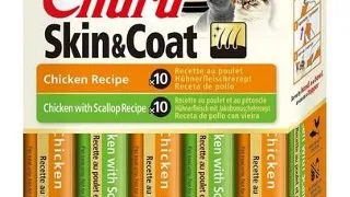 INABA Churu Cat Skin Coat 20x14g recompensa crema, cu pui si scoici pentru pisica