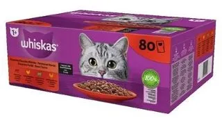 WHISKAS Adult in sos 80x85g Classic Meals hrana umeda completa pentru pisici adulte cu vita, pui, miel, pasare