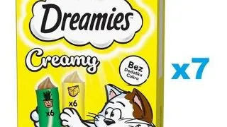 DREAMIES Creamy MEGA PACK 84x10 g recompense pisici, cu branza si iarba matei