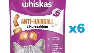 WHISKAS Anti-Hairball 6x50 g recompense anti-ghemotoc cu pui pentru pisici adulte