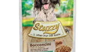 STUZZY Chunks, XS-XL, Vitel si Fasole Verde, plic hrana umeda caini, (in aspic), 100g