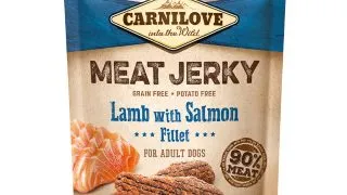 CARNILOVE Jerky, XS-XL, Miel si Somon, punguta recompense fara cereale caini, 100g