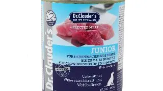 DR. CLAUDER'S Selected Meat Junior, XS-XL, Vita si Pasare, conserva hrana umeda fara cereale caini junior, (in suc propriu), 800g