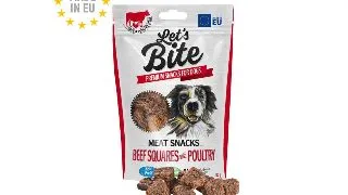 BRIT Let's Bite Meat Snacks Beef Squares with Poultry, XS-XL, Vita si Pui, punguta recompense fara cereale caini, 80g