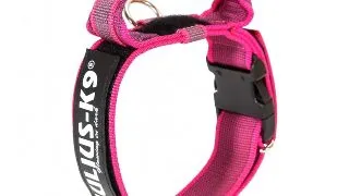 JULIUS-K9 Color & Gray, zgarda ajustabila cu maner caini, nylon, 40mm x 38-53cm, roz cu gri