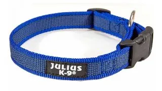 JULIUS-K9 Color & Gray, zgarda ajustabila cu maner caini, nylon, 20mm x 27-42cm, albastru cu gri