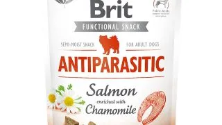 BRIT Care Functional Snack Antiparasitic, Somon cu Musetel, recompense funtionale fara cereale caini, antiparazitar, 150g