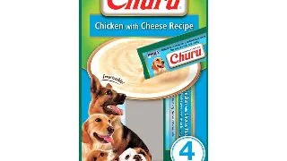 INABA Churu Dog, Pui cu Branza, recompense lichide fara cereale caini, topping cremos, 14g x 4