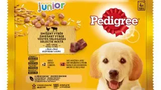 PEDIGREE Junior Selectie Mixta, XS-XL, Carne si Orez, plic hrana umeda caini junior, (in aspic), multipack, 100g x 4buc