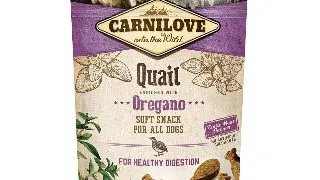CARNILOVE Semi Moist Snack, Prepelita cu Oregano, recompense functionale fara cereale caini, sensibilitati digestive, 200g