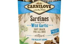 CARNILOVE Semi Moist Snack, Sardine cu Usturoi Salbatic, recompense functionale fara cereale caini seniori, 200g