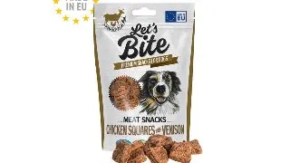 BRIT Let's Bite Meat Snacks Chicken Squares with Venison, XS-XL, Vanat si Pui, punguta recompense fara cereale caini, 80g