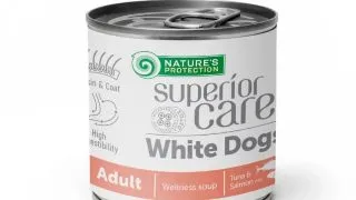 NATURES PROTECTION Superior Care White Dogs, XS-XL, Ton si Somon, conserva hrana lichida fara cereale caini, piele & blana, 140ml