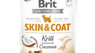 BRIT Care Functional Snack Skin & Coat, Krill cu Nuca de cocos, recompense funtionale fara cereale caini, piele si blana, 150g