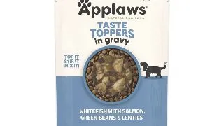 APPLAWS Taste Toppers, XS-XL, Peste alb si Somon, plic hrana umeda fara cereale caini, (in sos), 85g