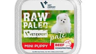 RAW PALEO Mini Puppy, XS-S, Vita, tavita hrana umeda monoproteica fara cereale caini junior, alergii, (pate), 150g
