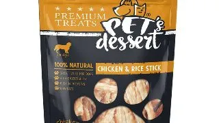 PET'S DESSERT Stick, XS-XL, Pui si Orez, punguta recompense fara cereale caini, 80g