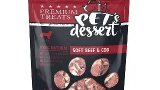 PET'S DESSERT Soft, XS-XL, Vita si Cod, punguta recompense fara cereale caini, 80g
