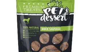 PET'S DESSERT Sausage, XS-XL, Rata, punguta recompense fara cereale caini, 80g