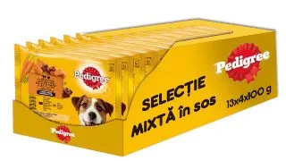 PEDIGREE Selectie Mixta, XS-XL, Vita si Curcan, plic hrana umeda caini, (in sos), bax, 400g x 13buc