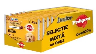 PEDIGREE Junior Selectie Mixta, XS-XL, Carne si Orez, plic hrana umeda caini junior, (in aspic), bax, 400g x 13buc