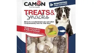 CAMON Codfish Skin & Cornstarch Bones, XS-XL, Cod, punguta recompense caini, 80g